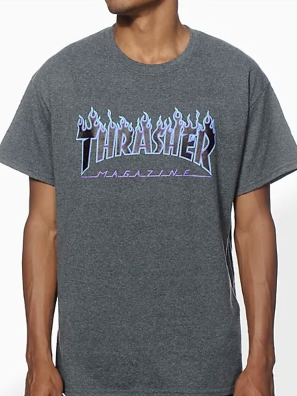 Thrasher Short Sleeve Tee with Blue-Purple Flame Logo - Charcoal